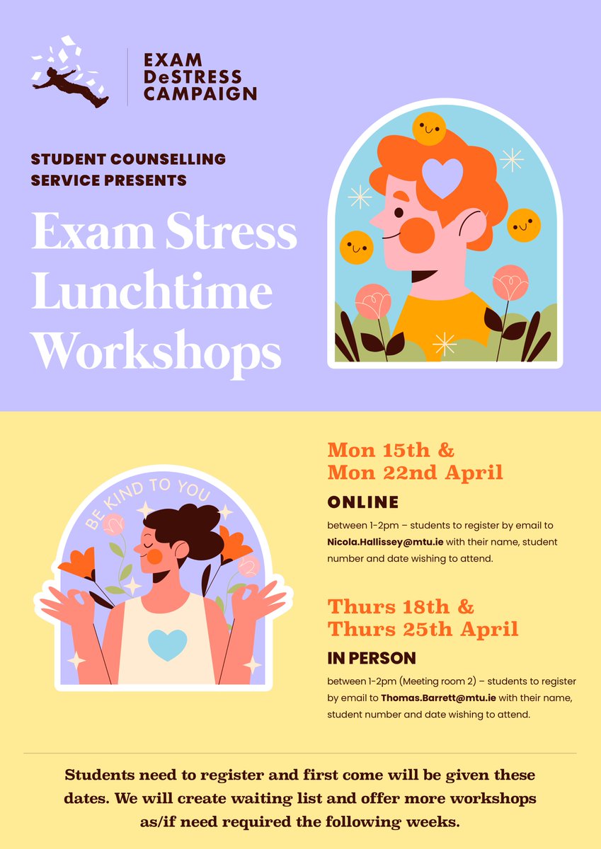 With exams on the horizon, our colleagues in the @MTU_ie Student Counselling Service are running some fantastic online and in-person Exam Stress Lunchtime Workshops this April. Registration details, dates and times of workshops are outlined in the poster below. @MTU_CorkSU