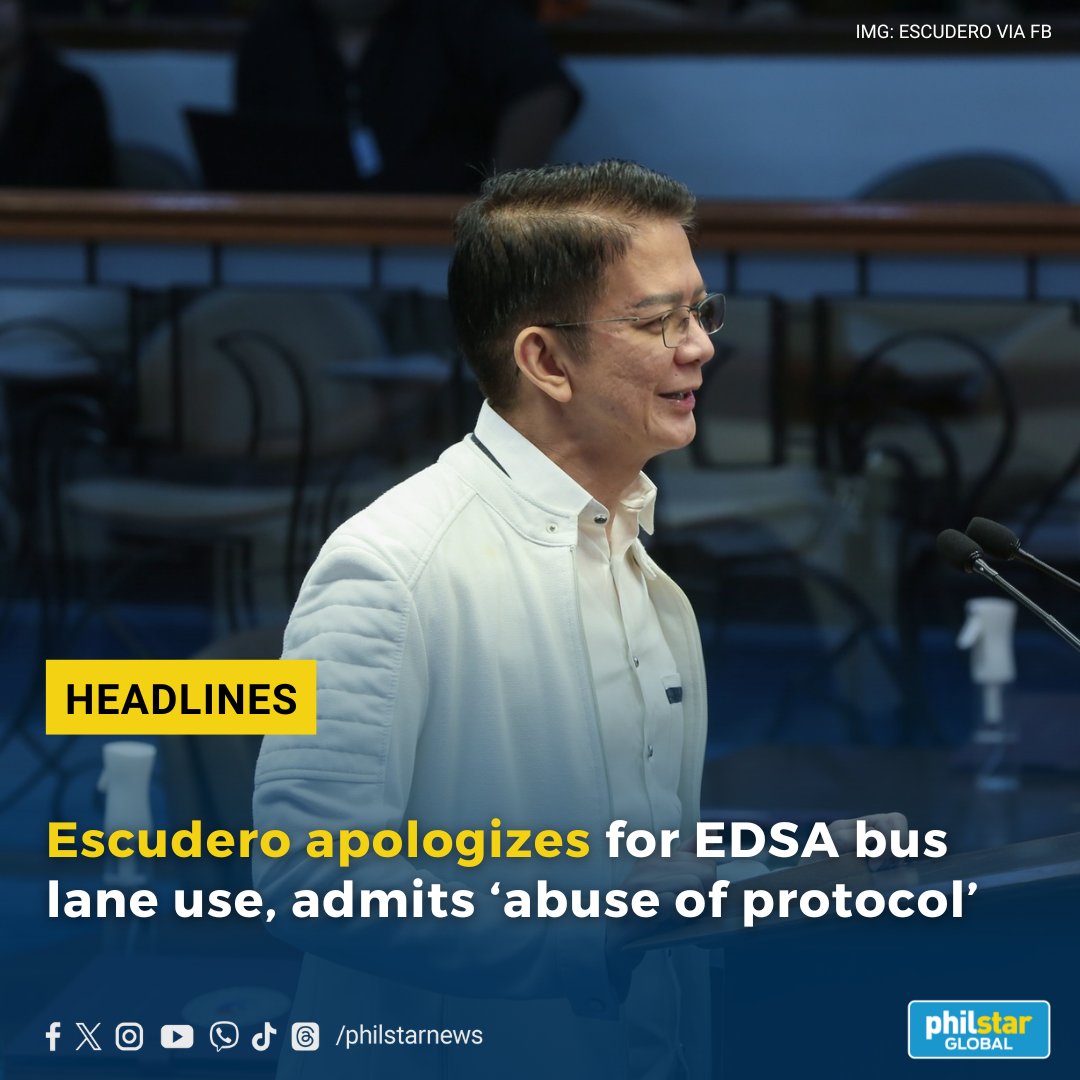 NAG-SORRY SI CHIZ Sen. Francis 'Chiz' Escudero apologized after his vehicle, equipped with a protocol plate for senators, was caught using the EDSA busway. In a statement on Friday, Escudero acknowledged that the vehicle, driven by a family member's driver, had misused the…