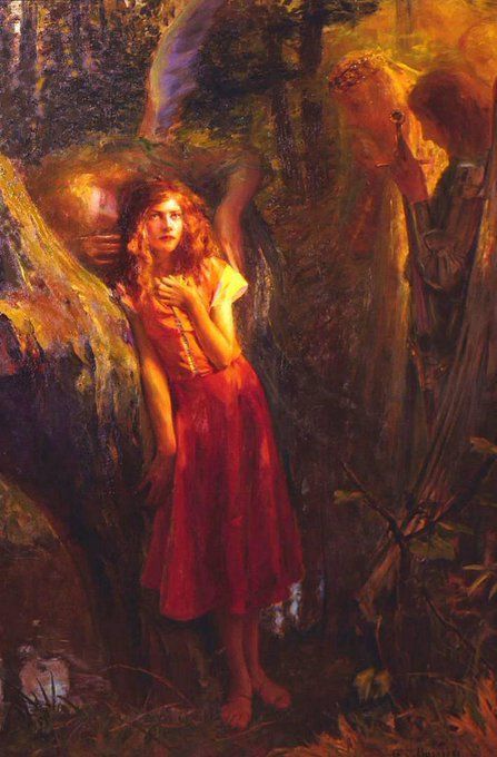 Joan of Arc (c.1908) by Gaston Bussière (French artist, lived 1862–1928). #French #heroine and Catholic saint. Joan's vision, a moment that defined her destiny and altered history.