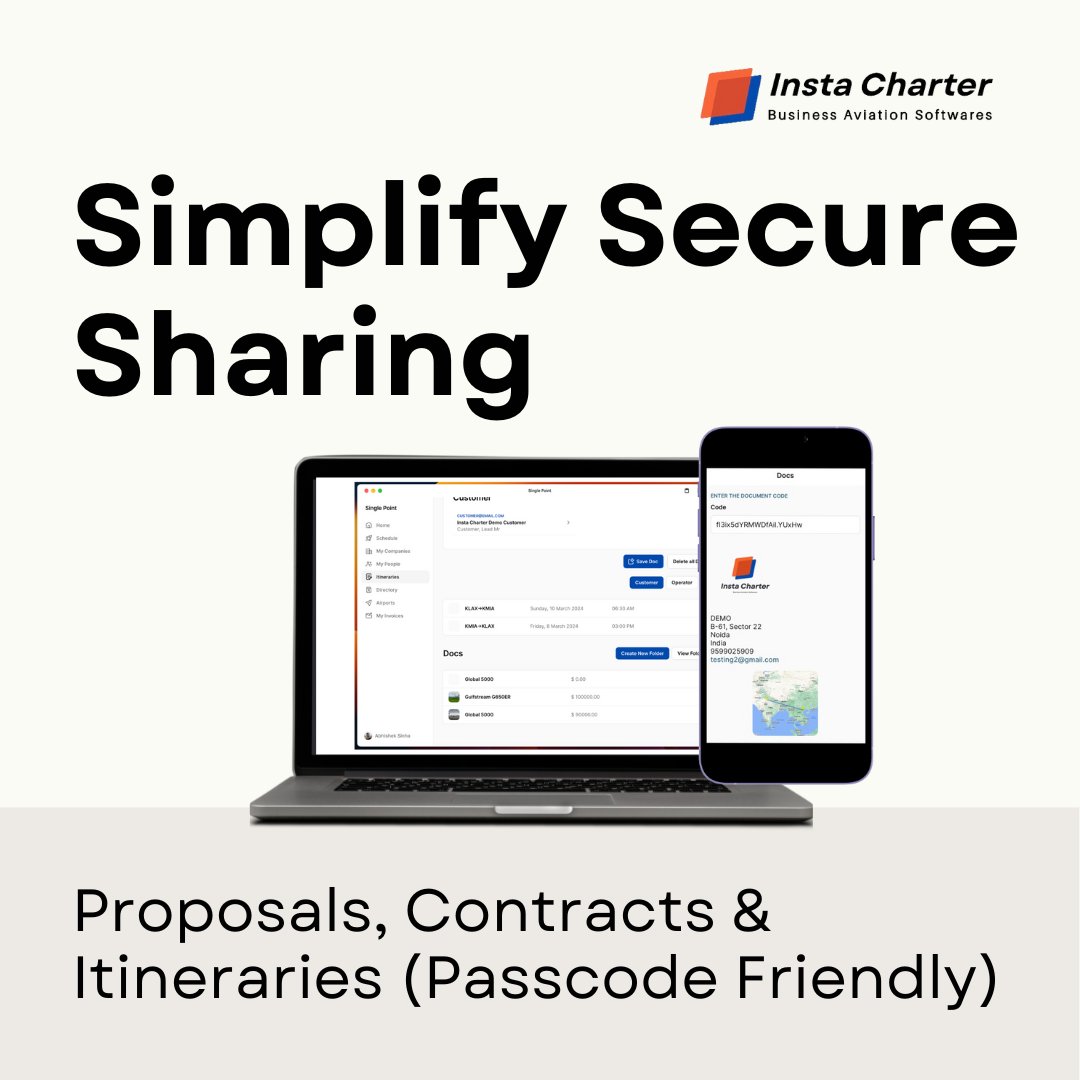 Worried about sharing sensitive charter documents? Get rid of the security risks with Charter Docs!  Send your quotes, contracts, and itineraries securely with passcode protection. #CharterDocs #SecureSharing
#instacharte #aircharter #aviation #leadgeneration #privateaviation