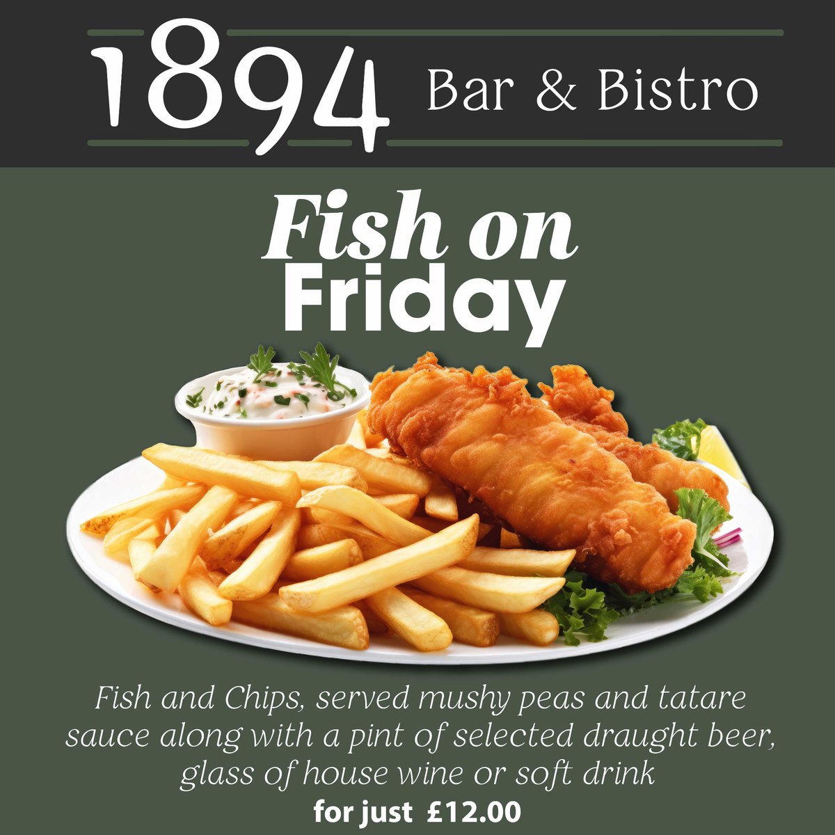 1894BarBistro's tweet photo. 🍽️ It’s Fish on Friday!

Come and have your dinner with us to start the weekend, with your whole meal including an alcoholic or soft drink for just £12, from 4pm-9pm! https://t.co/qLi1LebJeu