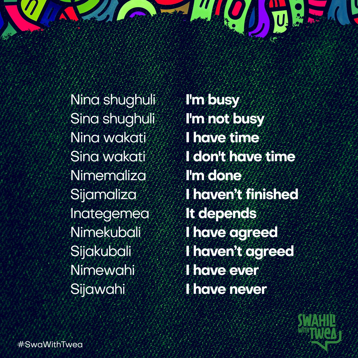 Hamjambo 
Expand your #Swahili diction
#SwaWithTwea