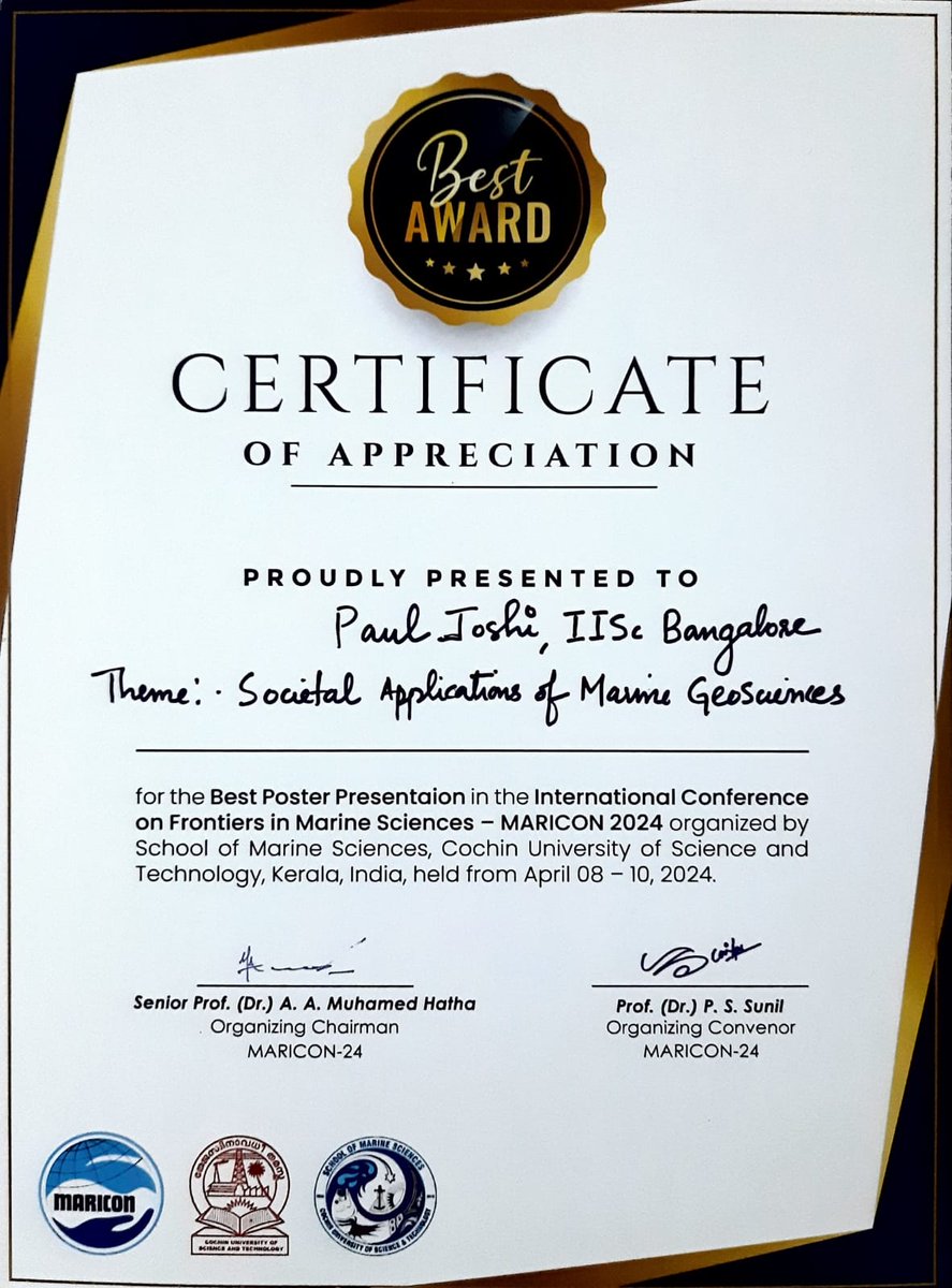 Congratulations Paul Joshi on receiving the Best Post Presentation Award at the International Conference on Frontiers in Marine Sciences (MARICON 2024) organised by CUSAT, Kerala. 👏🏽😃