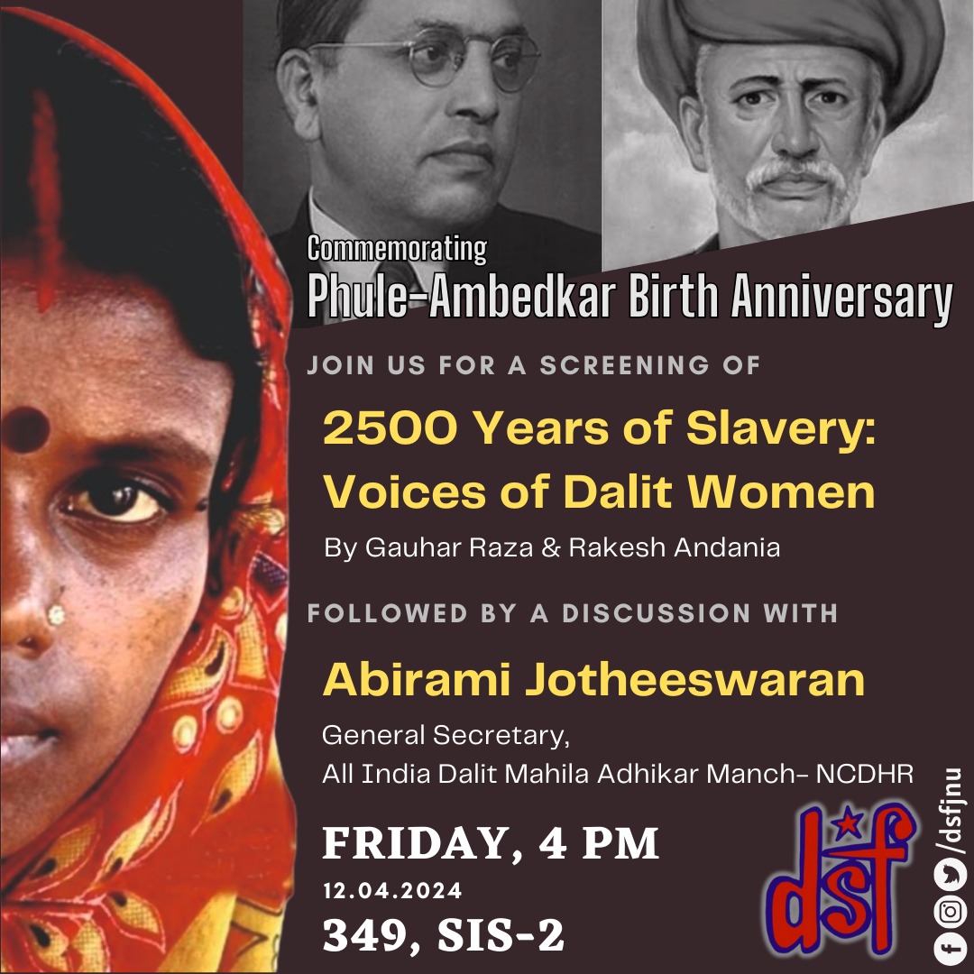 We're thrilled to share that after a successful screening at Jawahar Bhawan, we are organizing another screening to commemorate the birth anniversaries of #JyotibaPhule and #DrBRAmbedkar today at JNU, 4 PM. Join us!! 

#dalitlivesmatter 
#dalitwomenrise
#dalithistorymonth