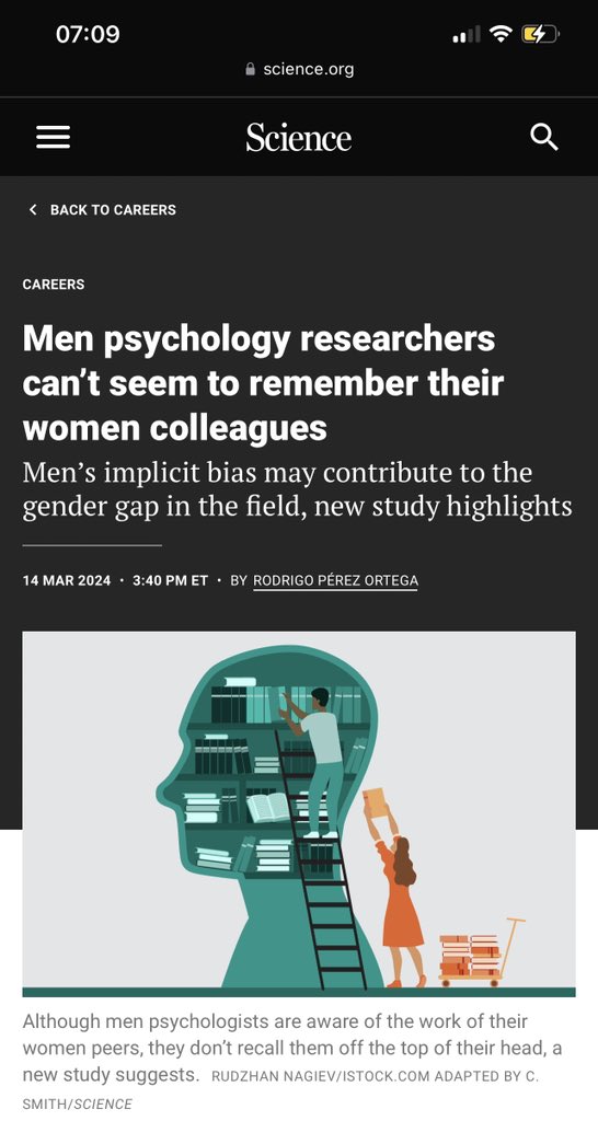 In psychology, while women are moving towards equality, a bias to cite and recognize (e.g. “raising stars”) women resists, favored by men’s attitude and behavior. science.org/content/articl…