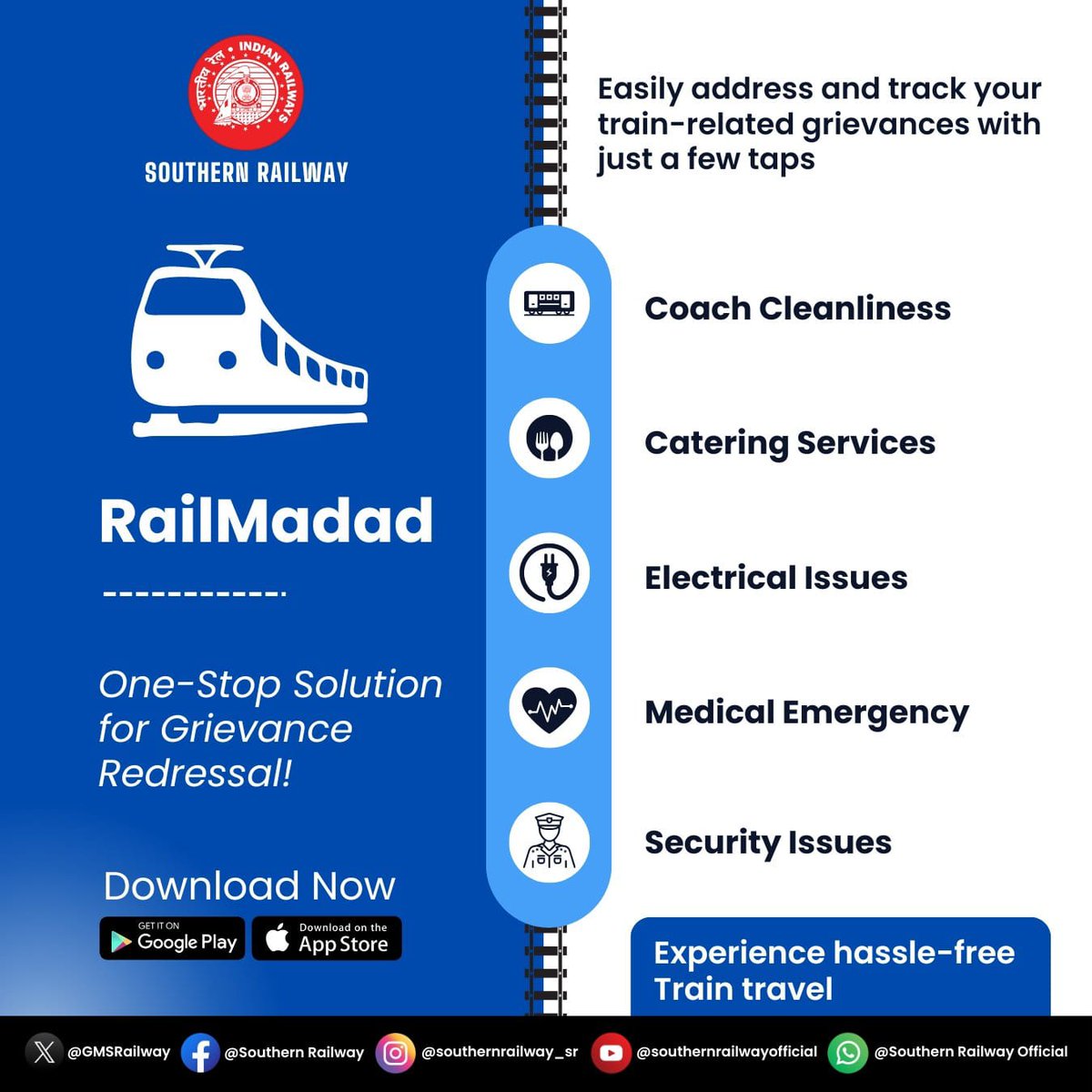Streamline complaint management with RailMadad!

Efficiently submit and track your grievances with minimal effort, ensuring prompt and efficient resolution.

#RailMadad #ComplaintHandling #Efficiency #Resolution #SouthernRailway