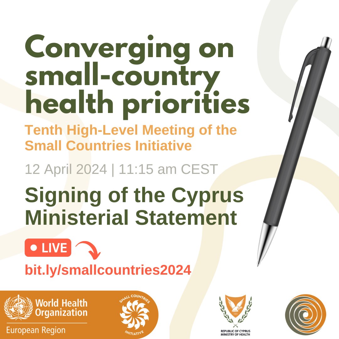 Join us online as @MichaelDamianos, Cyprus Minister of Health & @hans_kluge, on behalf of 11 smallest countries of the WHO/Europe Region, sign the Cyprus Ministerial Statement, committing to take action to advance #HealthForAll Watch at 11:15 am CEST: bit.ly/smallcountries…