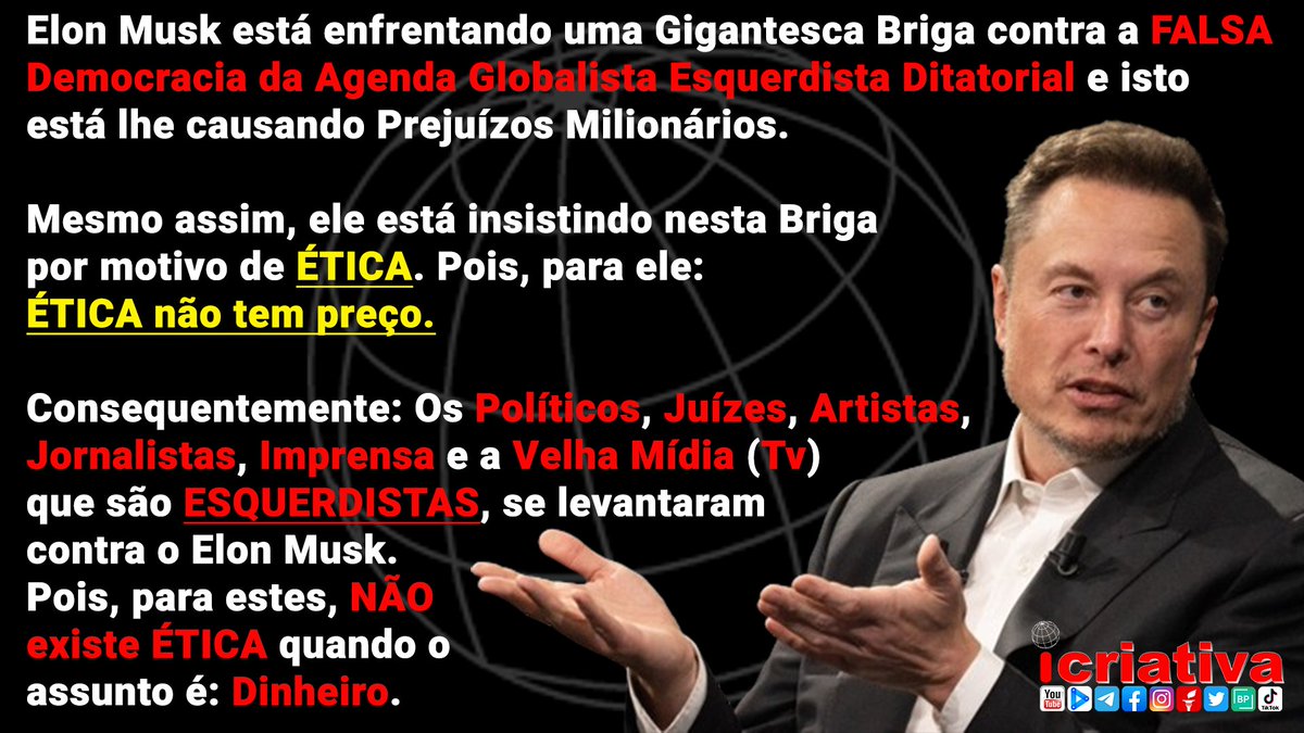 ÉTICA é uma palavra que não existe no dicionário dos Esquerdistas.

#elonmusk #musk #elon #esquerda #esquerdamaldita #esquerdalixo #esquerdacriminosa #Globolixoooo #Lula #Bolsonaro #direitaconservadora #direito #brasil