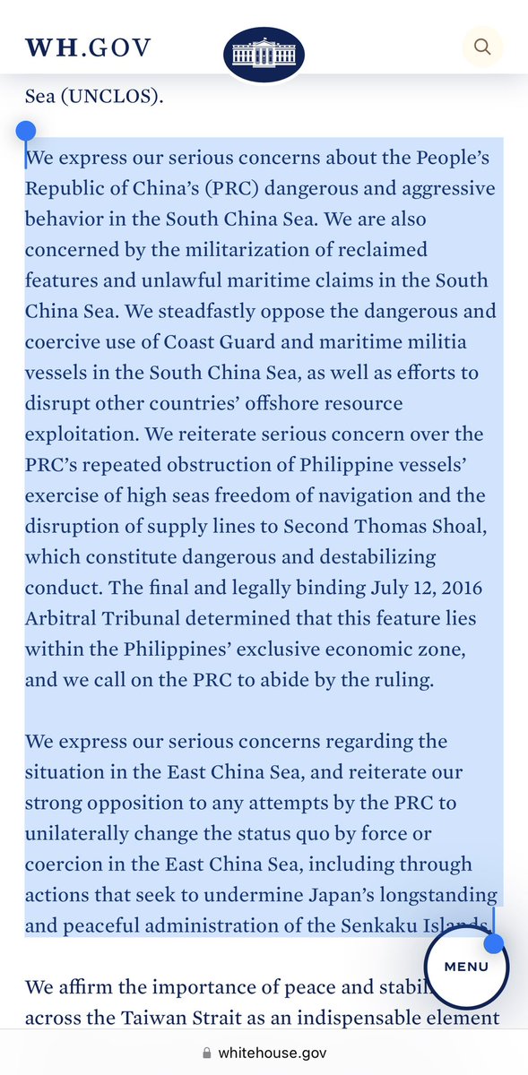 Strong words in US-Japan-Philippines trilateral joint statement in support of 🇵🇭 & 🇯🇵 pushback on Chinese coercion in South and East China Seas.