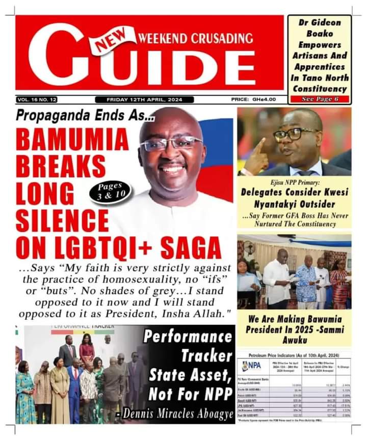 Today's newspaper front-pages: Yesterday, Vice President and presidential candidate of the ruling NPP, Dr. Bawumia, publicly commented on the LGBTQ+ topic. Citing his Islamic faith, Bawumia said he is against homosexuality and his position won't change when he becomes President.