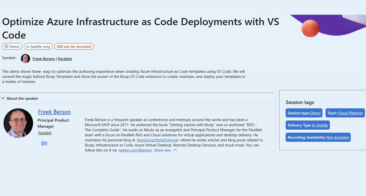 I am speaking at Microsoft Build 2024 in Seattle! I will showcase three ways to optimize the authoring experience when creating #Bicep templates using #VSCode! 💪 #MSBuild #MVPBuzz #Community #Azure @BicepLang @parallels @helloalludo