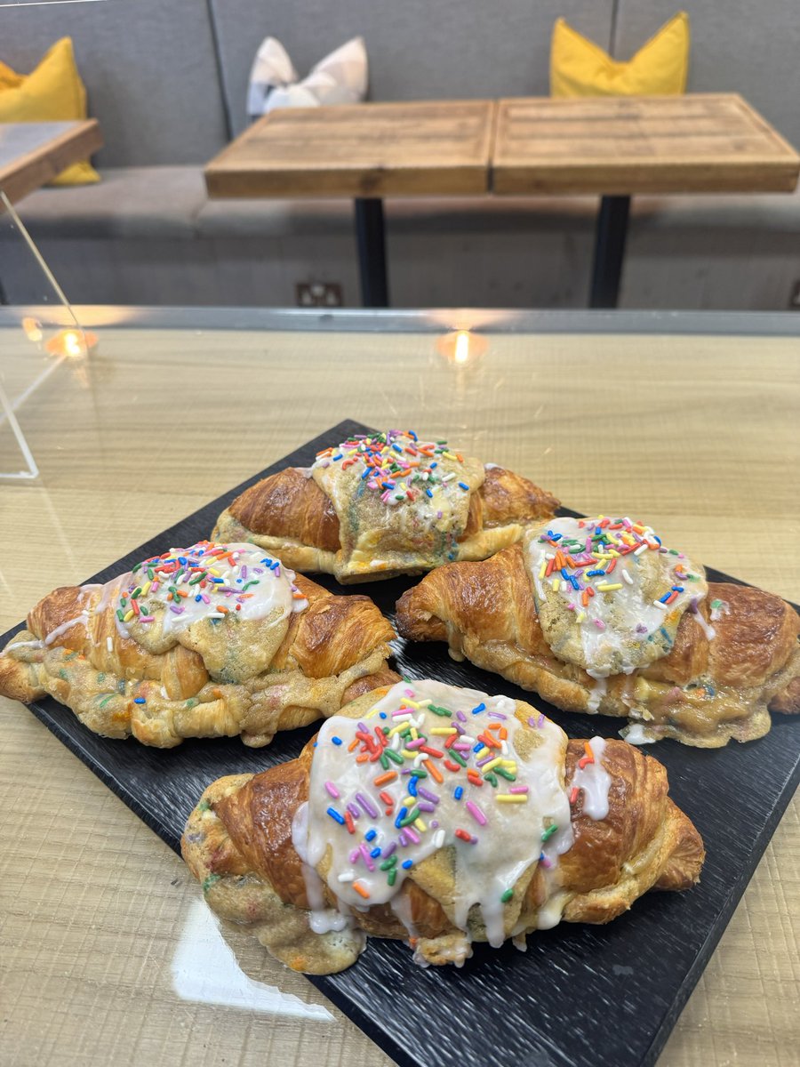 crookies are back!…… white chocolate & sprinkle cookie croissant (crookie) #crookie #cookie #croissant #sprinkles #cake #chocolate #homemade #shoplocal #shop #bakery #harrogate #coldbathroad #yorkshire #food #mannabakeryharrogate