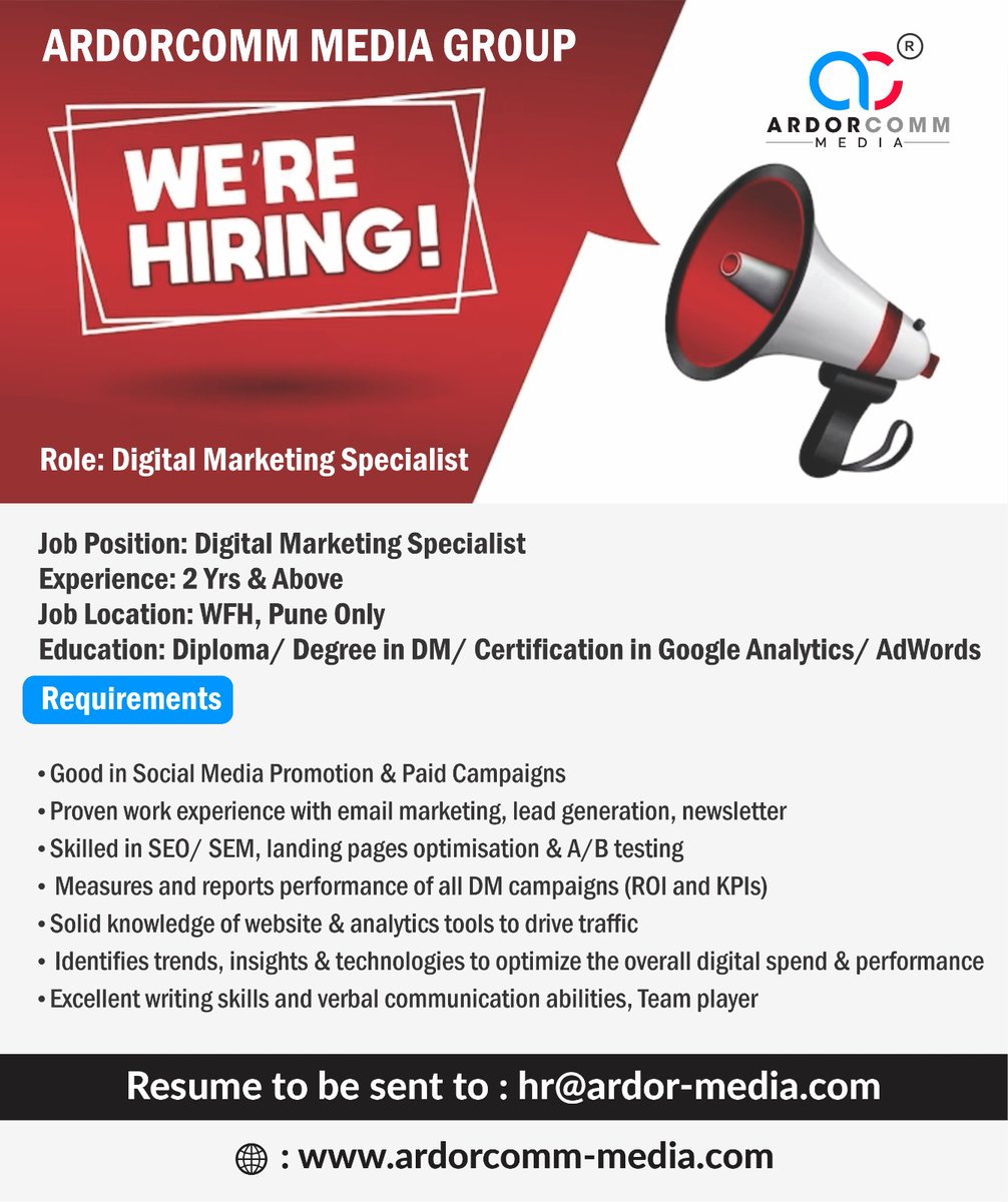 ArdorComm Media is hiring!
Position: Digital Marketing Specialist
To join our team, share your resume on hr@ardor-media.com

#JobOpening #DigitalMarketing #HiringNow #MarketingJobs #JobSearch #CareerOpportunity #DigitalMarketingSpecialist #NowHiring #JoinOurTeam #JobAlert