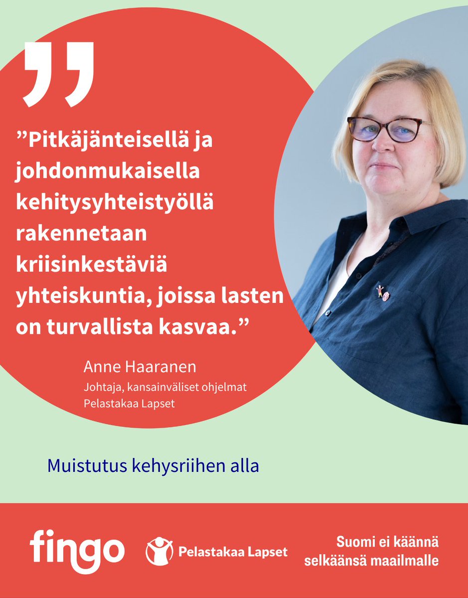 Ei enää lisäleikkauksia kehitysyhteistyöhön. #Kehitysyhteistyö'llä taataan lapsille turvallinen kasvuympäristö sekä vähennetään köyhyyttä ja eriarvoisuutta. Pitkäjänteinen #kehityspolitiikka on Suomen ja lasten edun mukaista. #TurvallisempiMaailma @FingoFi