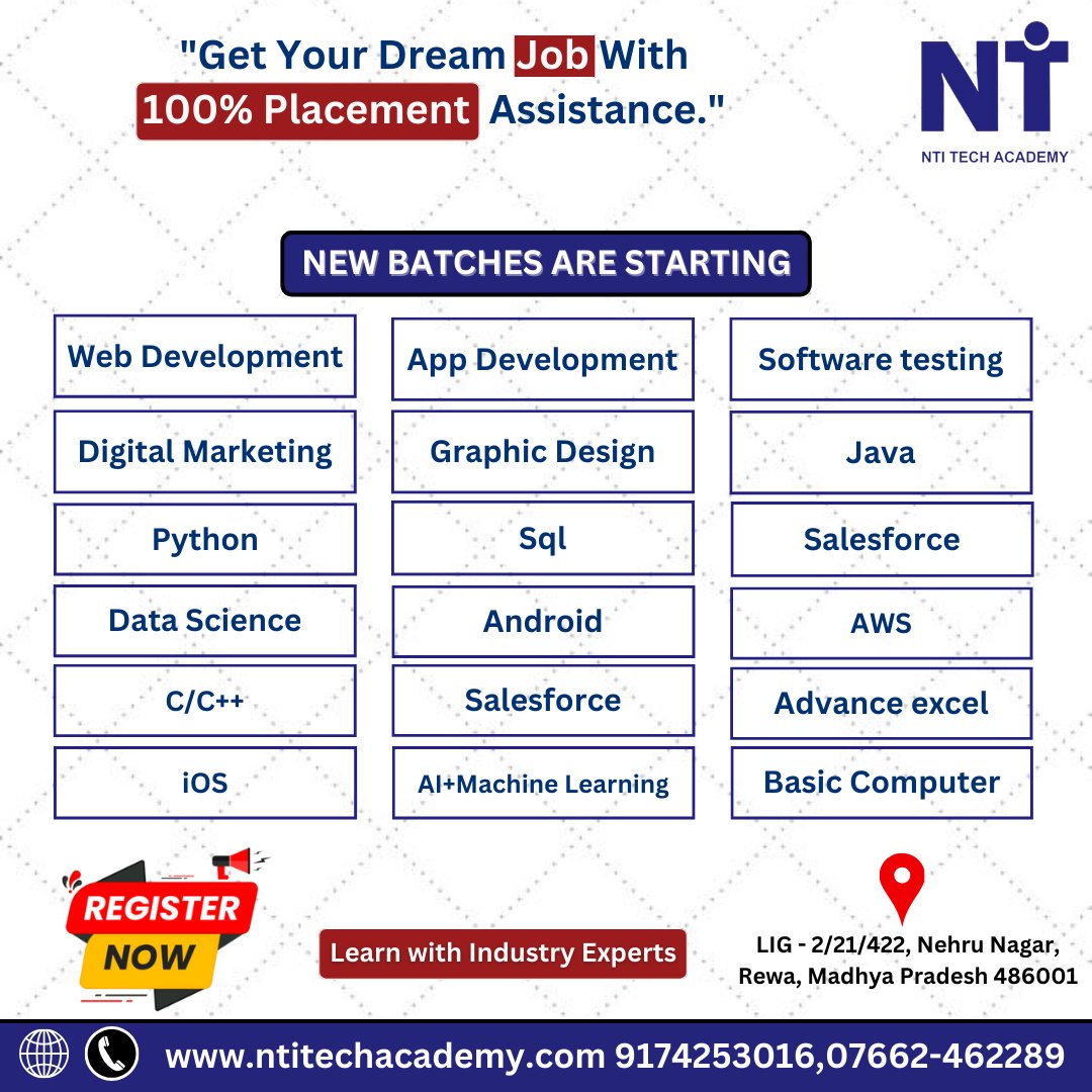 🚀 Enroll at NTI Tech Academy Rewa! Our new tech courses come with expert training and 100% placement assistance. 

Register Now - forms.gle/eJdSgbsxQ7hZJw…

#NTITechAcademy #TechEducation #Rewa #PlacementAssistance #CareerGrowth #TechSkills #JobReady #EnrollNow #FutureTech