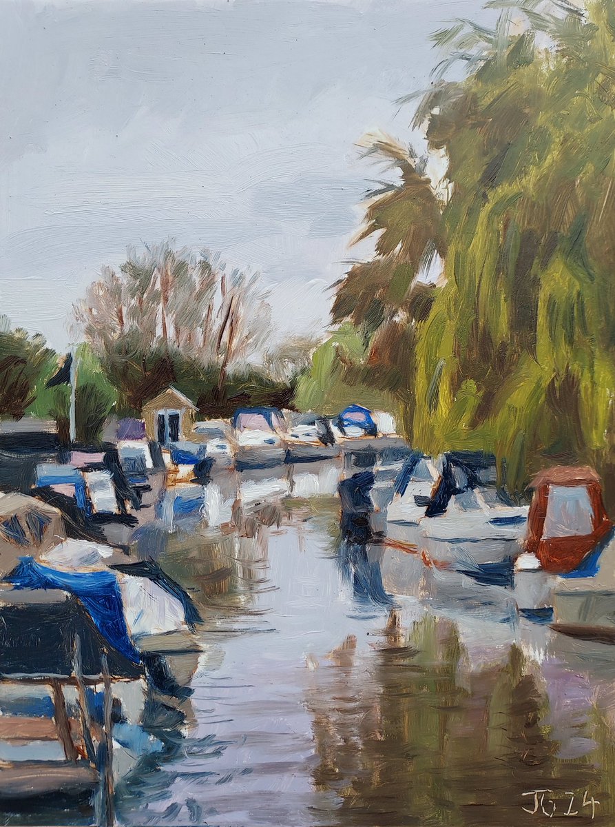A painting of Grove Ferry, Kent, from yesterday morning from the bridge over the river Stour. #kent #riverstour #landscapepainting #landscapeoilpainting #oilpaintings #oilpaintingonpanel #pleinair #pleinairpainting #paintingboats #art