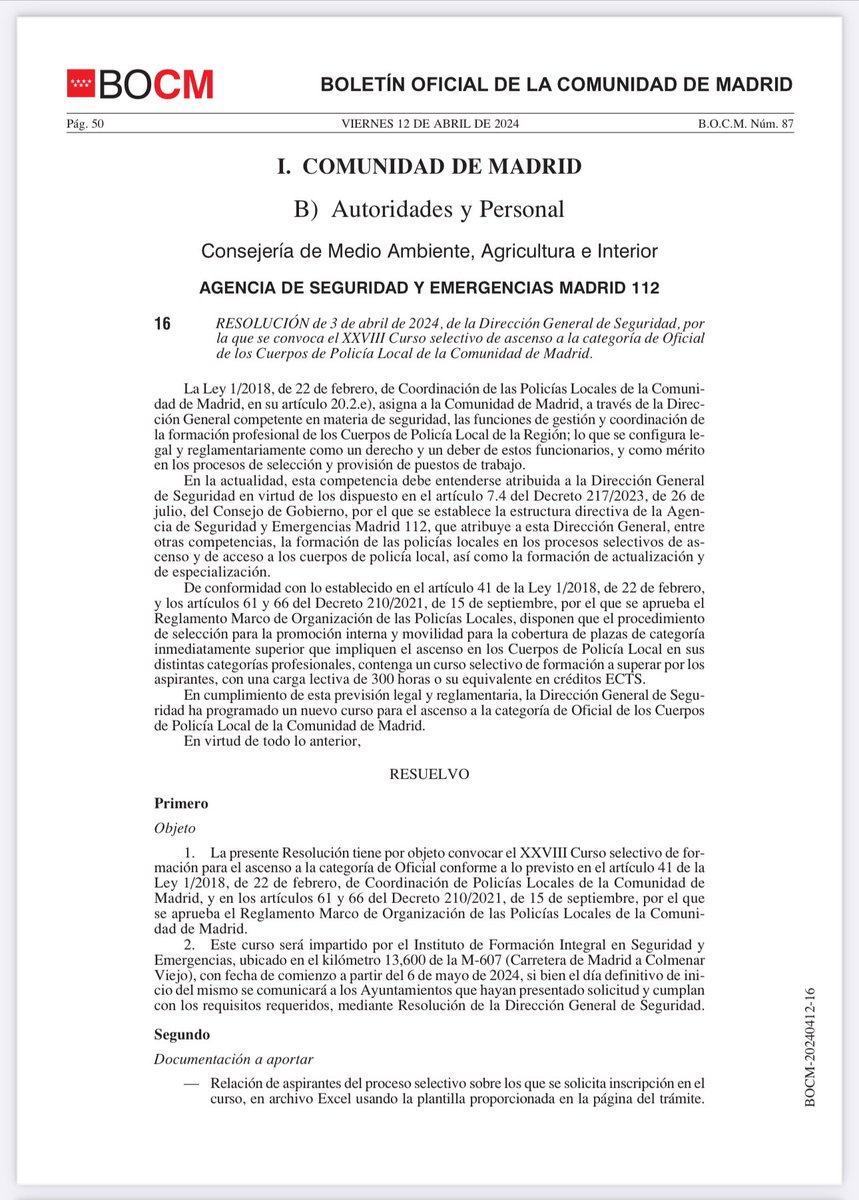 🏫 👮👮‍♂️IFISE OFICIALES: RESOLUCIÓN de 3 de abril de 2024, de la Dirección General de Seguridad, por la que se convoca el XXVIII Curso selectivo de ascenso a la categoría de Oficial de los Cuerpos de Policía Local de la Comunidad de Madrid.