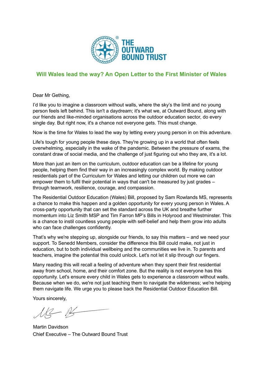 Will Wales lead the way in granting every young person an outdoor education? Together with colleagues (tagged) an open letter to the First Minister of Wales, @vaughangething. Let's not let this opportunity slip through our fingers. #letusout