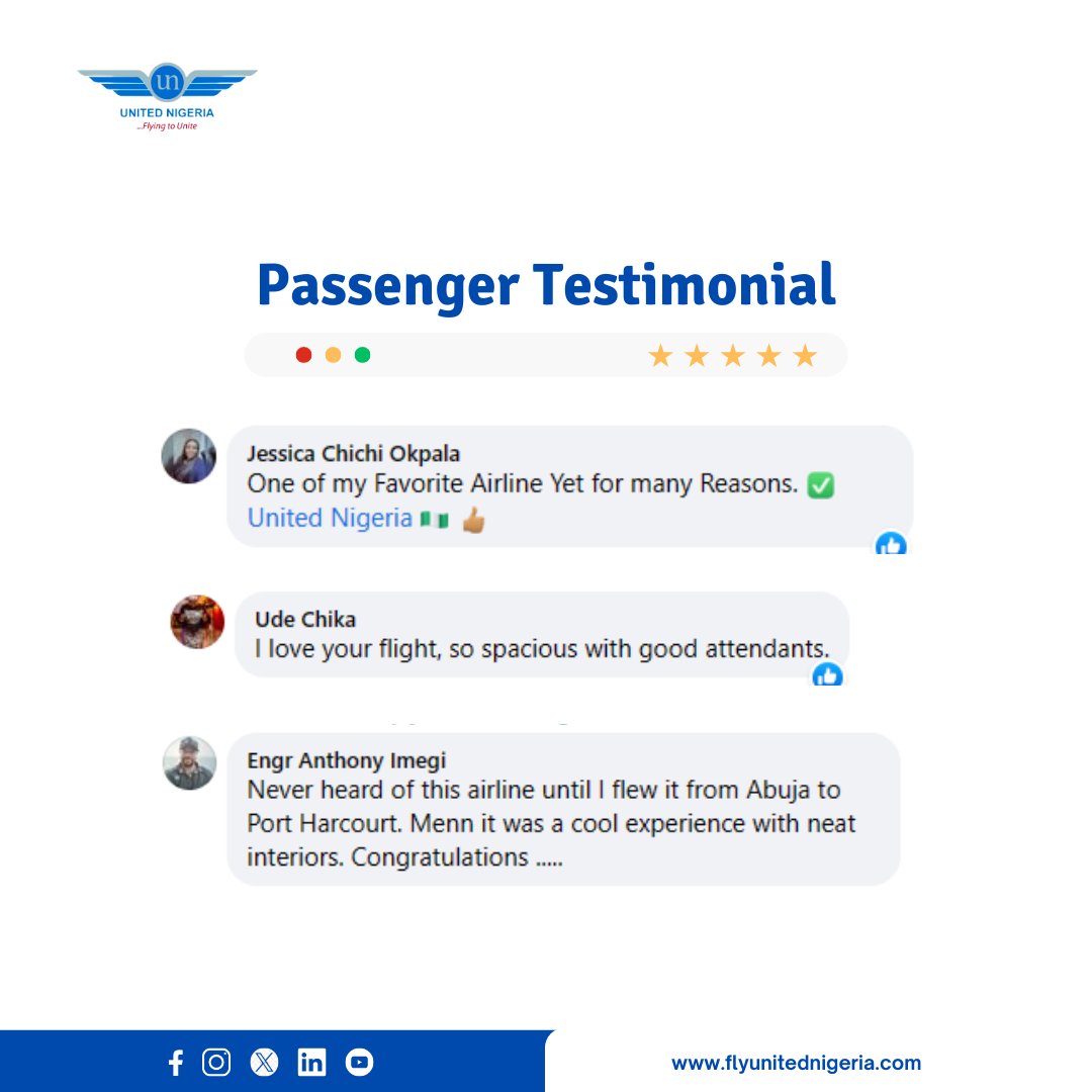 Your support and encouragement motivate us to do better!

Thank you for trusting us as your travel partner!✈️ 🤝

#UnitedNigeriaAirlines #FlyUnitedNigeriaAirlines #FlyingToUnite #AMoreRewardingWayToFly #passengerexperience #customerexperience #customerappreciation #happycustomer