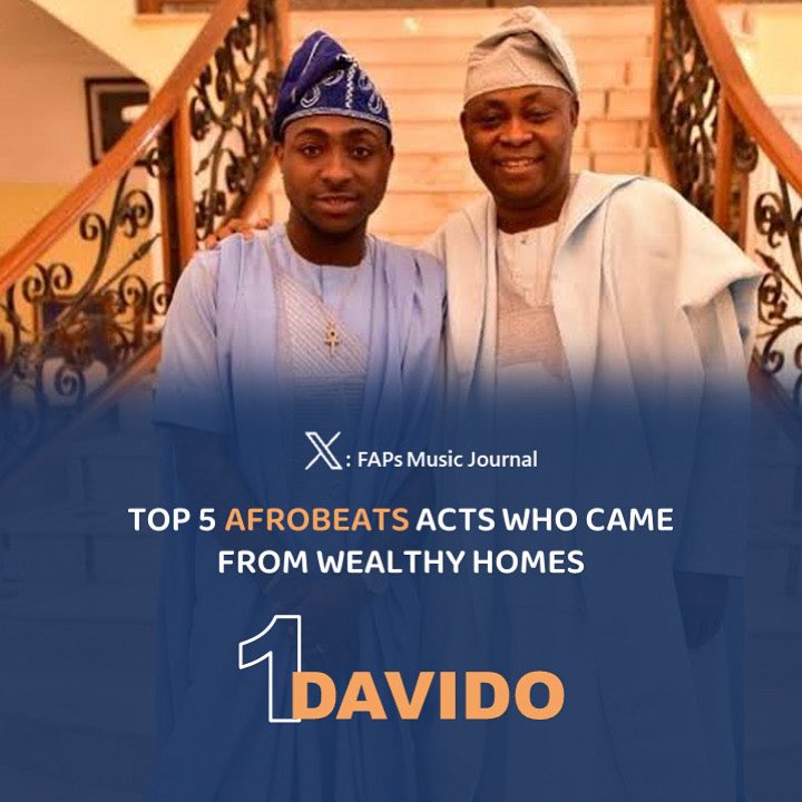 TOP 5 AFROBEATS ACTS WHO CAME FROM WEALTHY HOMES (A THREAD) 1. DAVIDO His father, Adedeji Adeleke is one of the richest men in Nigeria with a net worth of $700 million. Davido claims his father was not aware he had a home studio because they lived in a very big mansion.