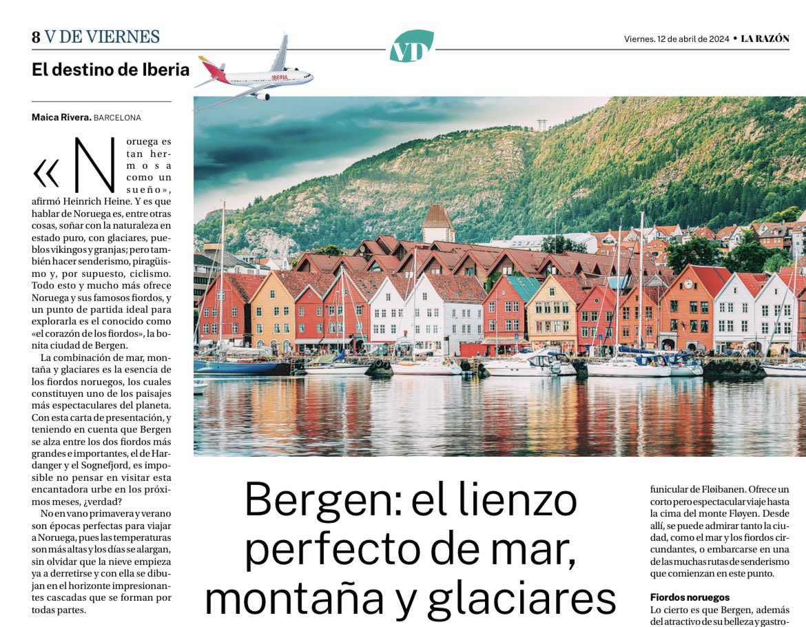 ¿Uno de los paisajes más espectaculares del mundo? Sin duda, los fiordos noruegos. Hoy, en @larazon_es , ¡propongo ✍️ visitarlos! ⚠️ ¡Vais a querer salir para allá en el primer avión 😅! *En kioscos de prensa, y en digital: ➡️ larazon.es/viajes/bergen-… #viajar #Noruega #Bergen