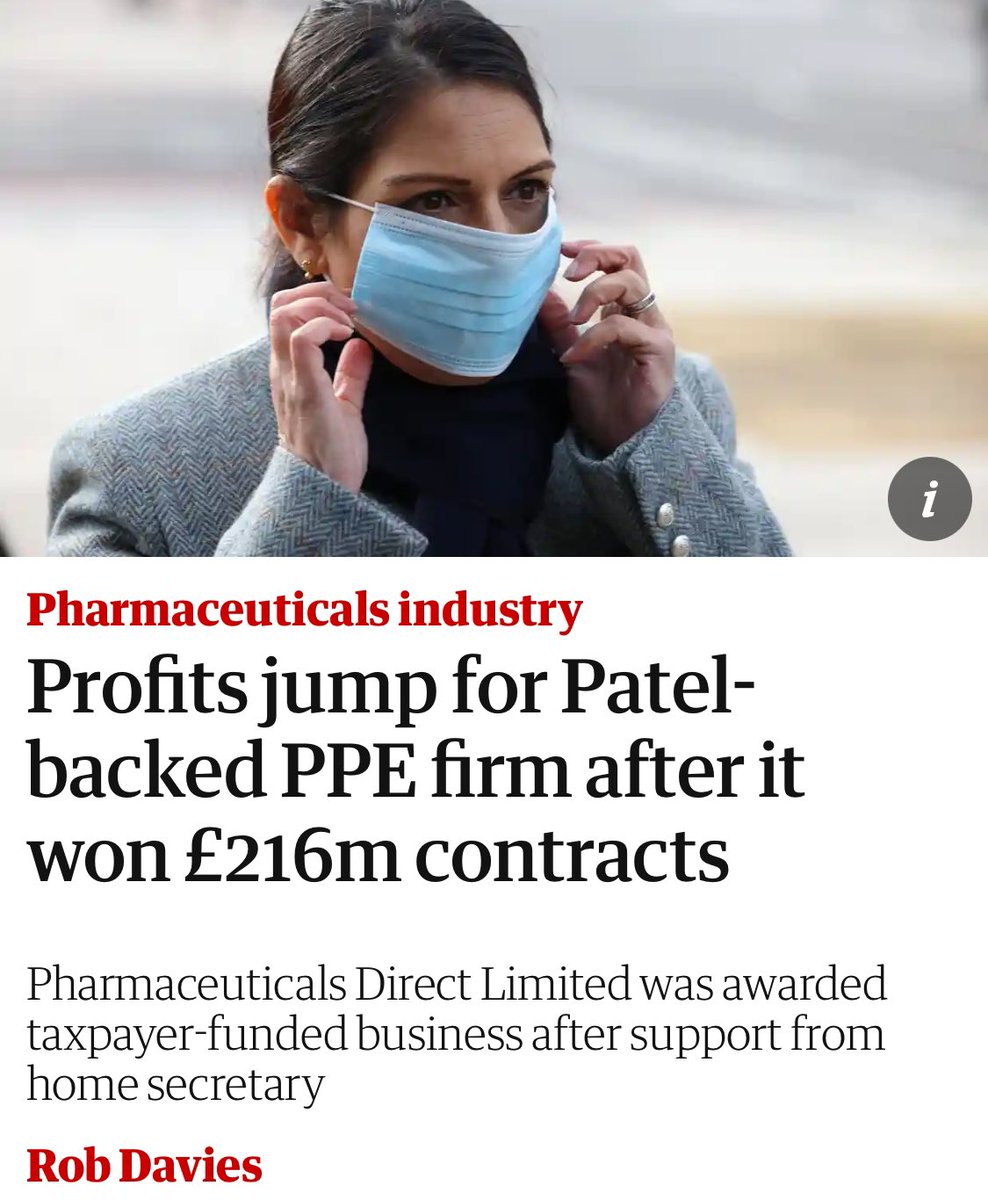 This story hasn’t received much attention!? It seems Patel intervened after an acquaintance’s company failed to secure a PPE contract. The company was subsequently awarded the contract after her intervention.