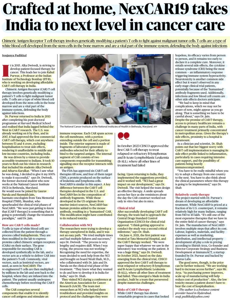 'Crafted at Home, NexCar19 takes India to Next level in Cancer Care' Kudos to Dr Purwar & team for their efforts,perseverance leading to #MadeInIndia #NexCar19 CAR-T cell Therapy in India :Details by Soujanya Paddikal #Cancer #CancerResearch #cure #Medicine #Science #UPSC