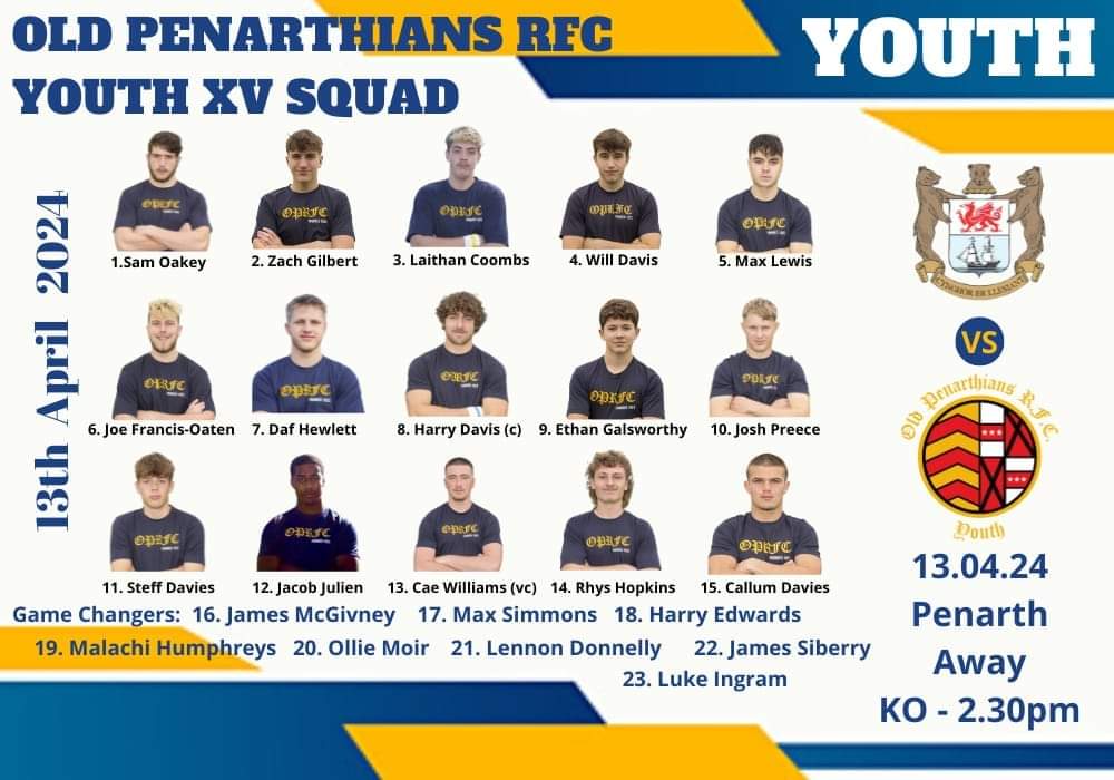 Here is our #OldPensYouth XV to take on @PenarthRFC tomorrow afternoon. Kick-off is at 2.30pm 🔵🏉🟡