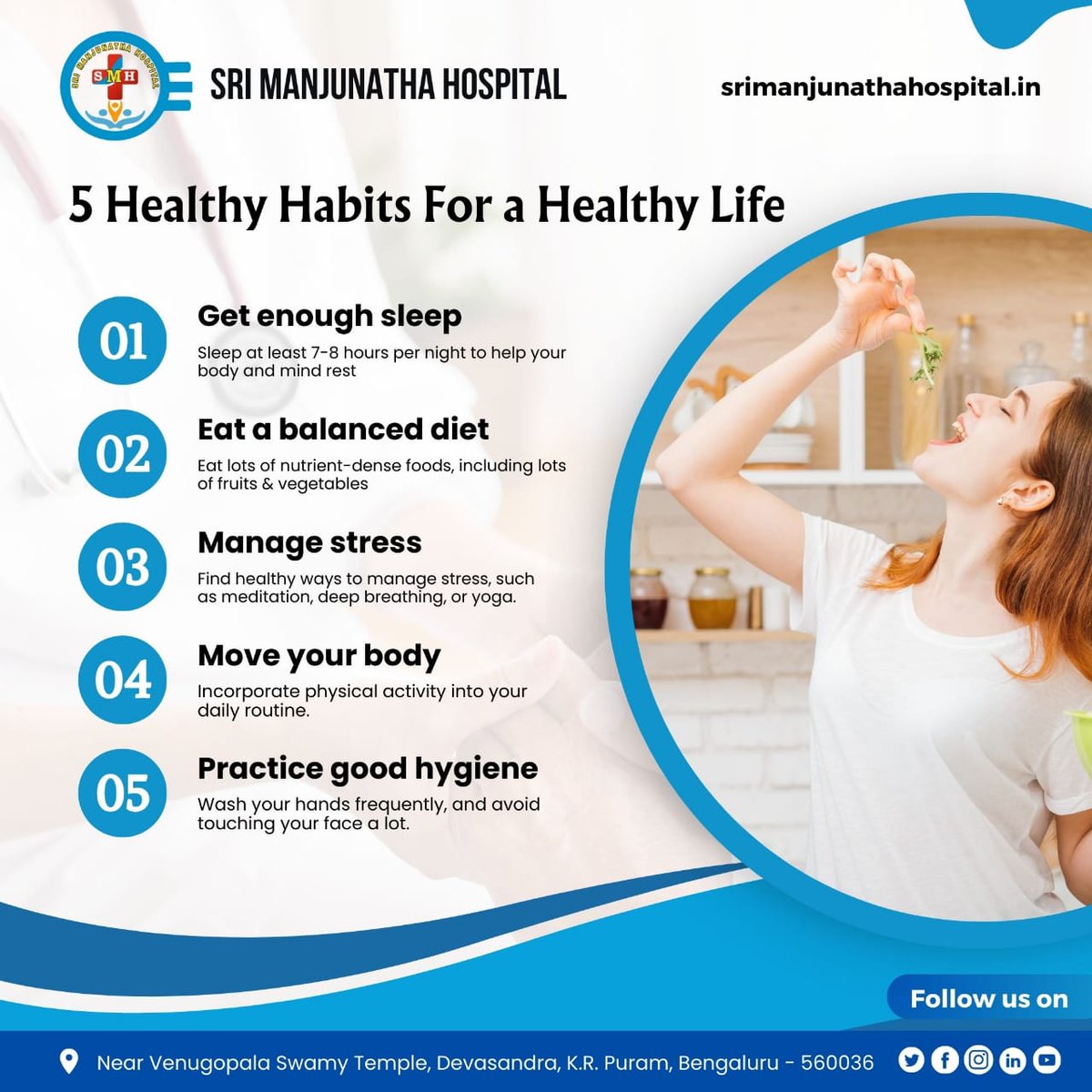 Transform your life with these 5 essential healthy habits! 🌱💪

#HealthyLiving #WellnessJourney #healthylife #healthylifestyle #healthylifetips #sleepwell #balanceddiet #managestress #physicalactivities #hygienetips #srimanjunathahospital