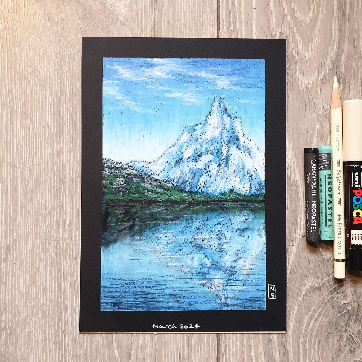 Imagine that fresh mountain air! My oil pastel painting of this mountain and lake scene is available now in my Etsy shop, visit today to find out more... theweeowlart.etsy.com/listing/170045… #OriginalArt #OilPastel #painting #artwork #art #TraditionalArt #Landscape #mountain #lake #Etsy
