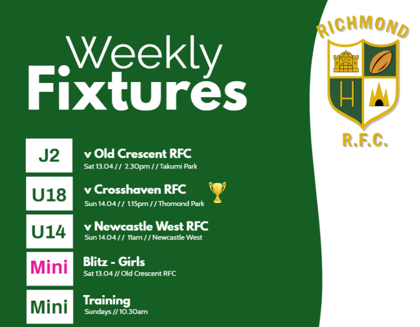 RichmondRFC's tweet photo. This Weekends Fixtures - Best of Luck to all our teams this weekend 💚 https://t.co/5xZ8AYMmRX