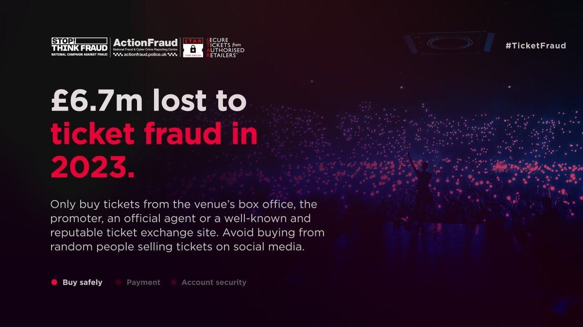 ✅ Stay safe whilst securing your tickets for summer events this year. Don't become a victim of ticket fraud. ℹ️ You can find more advice here 👉actionfraud.police.uk/ticketfraud #TicketFraud