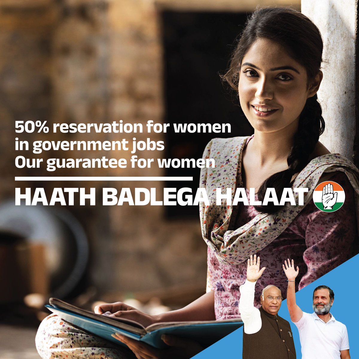 𝐂𝐨𝐧𝐠𝐫𝐞𝐬𝐬' 𝐆𝐮𝐚𝐫𝐚𝐧𝐭𝐞𝐞   50% women's reservation in new central government jobs.    #HaathBadlegaHalaat ✋