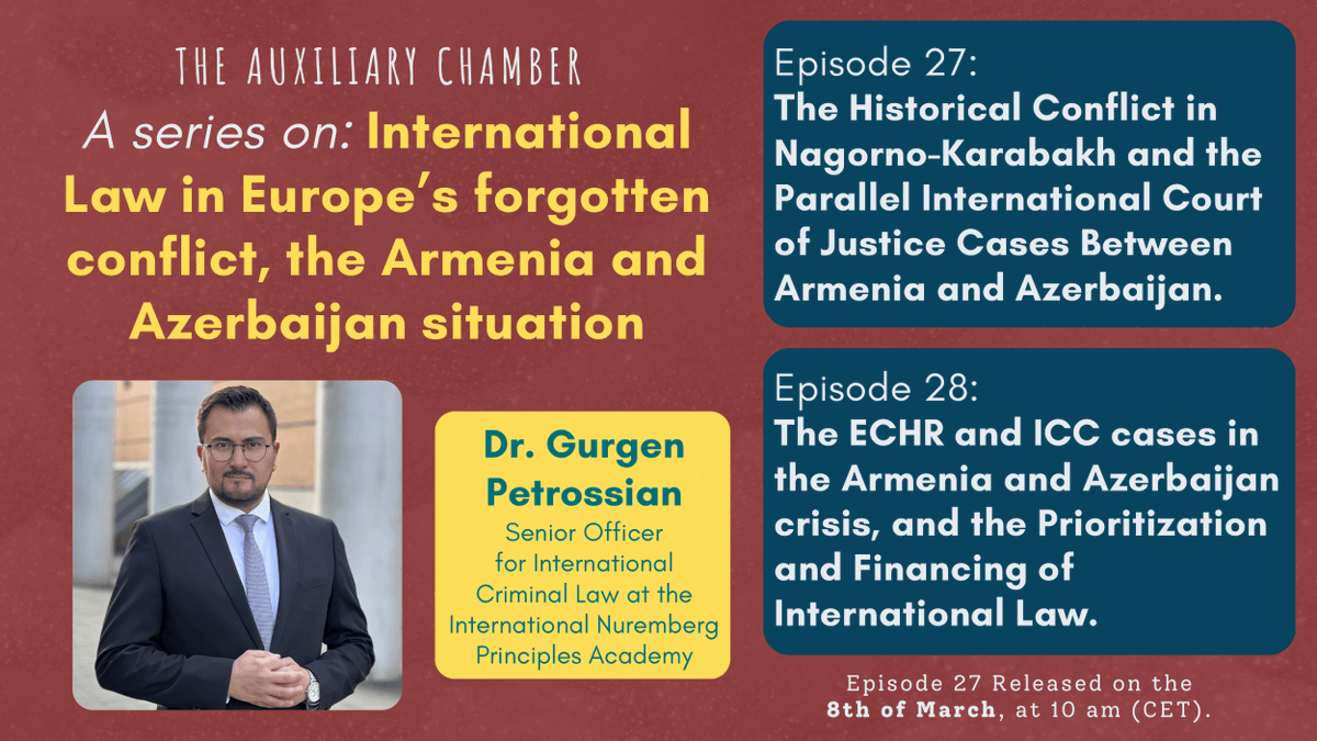 The Auxiliary Chamber is thrilled to present the mini-series with Dr. @PetrossianGur on: International Law in Europe’s forgotten conflict, the #Armenia and #Azerbaijan situation in Nagorno-Karabakh! Episodes 27 and 28 are live on all podcast platforms! open.spotify.com/episode/7F9aDG…