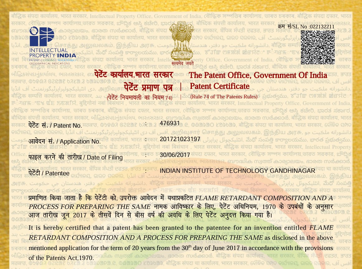 Chemical Engineering Department, IIT Gandhinagar (@cheiitgn) on Twitter photo We are excited to announce that Prof. <a href="/kabeerjasuja/">Kabeer Jasuja</a> and the team's relentless pursuit of innovation has been recognised with a patent, "FLAME RETARDANT COMPOSITION AND A PROCESS FOR PREPARING THE SAME". Here's to many more breakthroughs! #Innovation #Teamwork We are excited to announce that Prof. <a href="/kabeerjasuja/">Kabeer Jasuja</a> and the team's relentless pursuit of innovation has been recognised with a patent, "FLAME RETARDANT COMPOSITION AND A PROCESS FOR PREPARING THE SAME". Here's to many more breakthroughs! #Innovation #Teamwork
