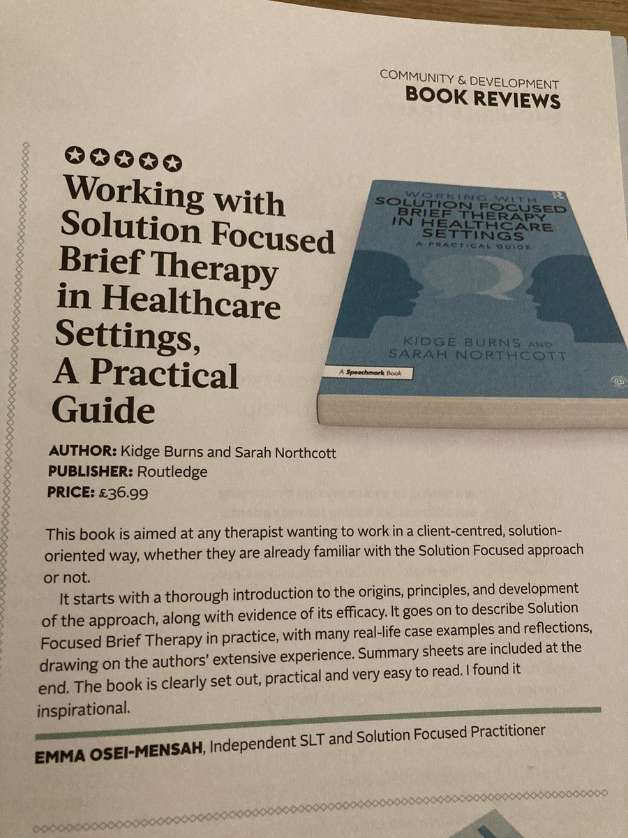 Lovely surprise to see our book on #SFBT #SFinSLT reviewed in @RCSLT Bulletin. I learnt so much writing this with Kidge Burns - we hoped it would be a practical and useful guide so delighted to see this 5 star review! Thank you!