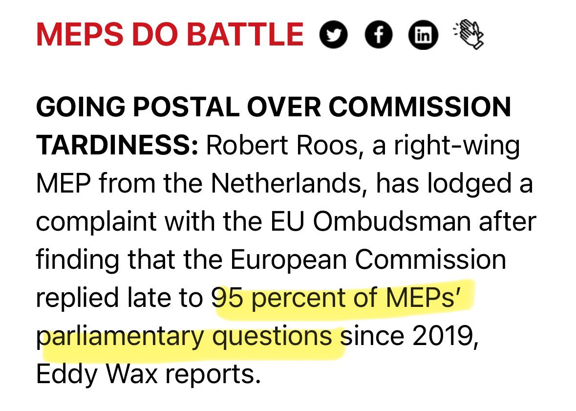 The EU Commission responds late to 95% of parliamentary questions. This translates into: - less questions being asked - less democratic scrutiny over its actions Same is true for every other oversight tools, be it its responses to petitions and requests for access to…