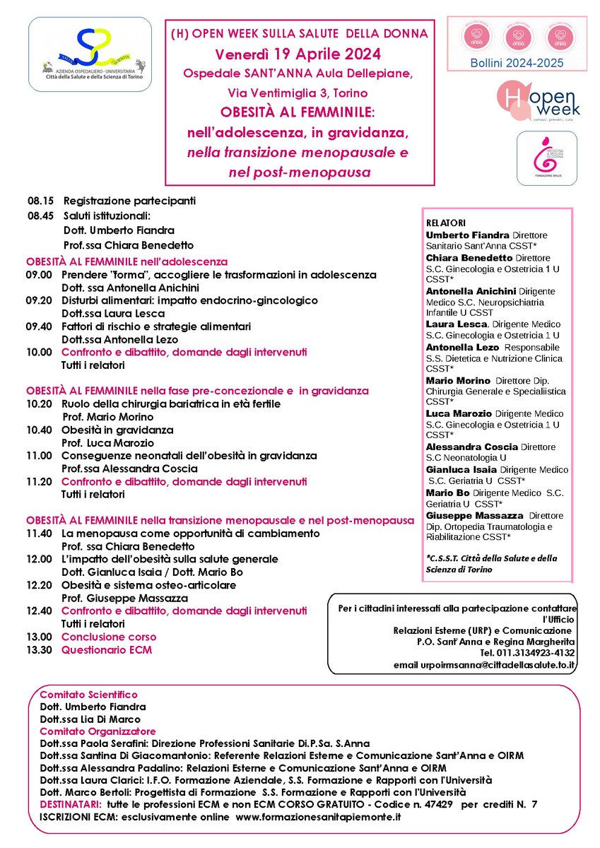 (H) Open Week sulla Salute della Donna: venerdì 19 aprile l'Open Day dell'ospedale Sant'Anna di Torino ed in oltre 260 ospedali Bollino Rosa di Fondazione Onda ETS