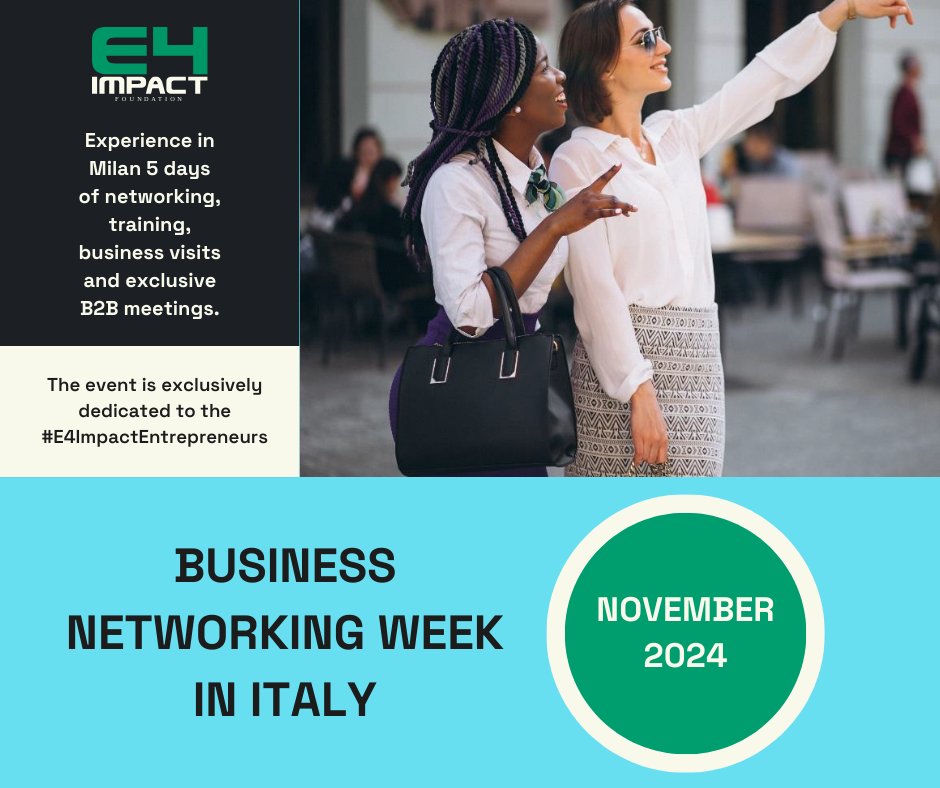 📌 The applications for E4Impact Foundation's exclusive Business Networking Week in Italy 2024 are officially open! 🔵This event is dedicated to the #E4ImpactEntrepreneurs. If you're not yet part of our Alumni community, have a look at our programs: e4impact.org/mba-programs/