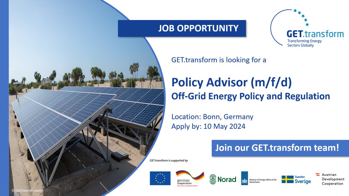 ⭐️ Exciting #JobOpportunity @GET_transform⭐️ Make an impact in power sector transformation and join our team in Bonn as a ⚡️Policy Advisor #OffGrid Energy Policy & Regulation 📢Apply by 10 May: jobs.giz.de/index.php?ac=j… #RenewableEnergyJobs #Hiring #JobAlert