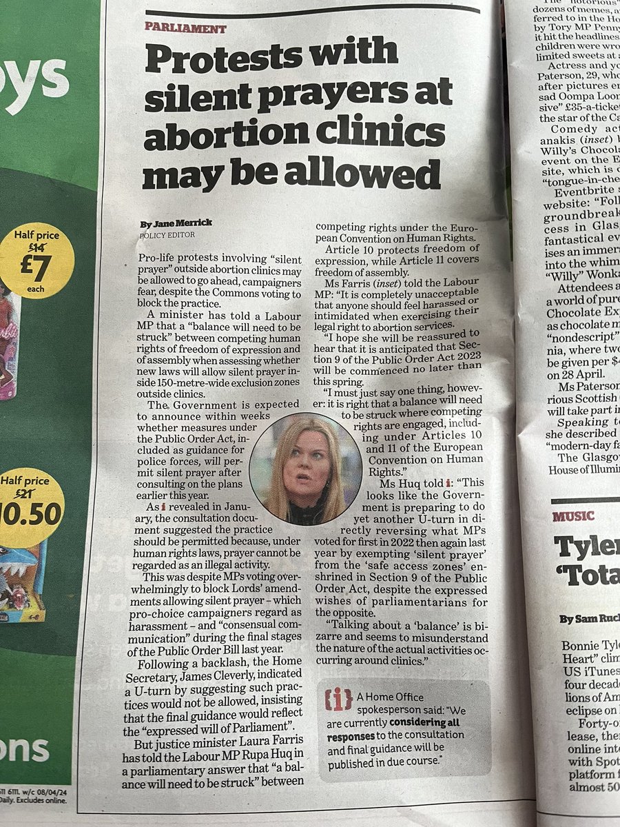 Government being shifty (pending u-turn?) on their unnecessary “consultation” on s.9 of Public Order Act after MPs voted for “safe access zones” to stop presence of people seeking to deter women outside abortion clinics Good on @janemerrick23 for tenaciously covering this story