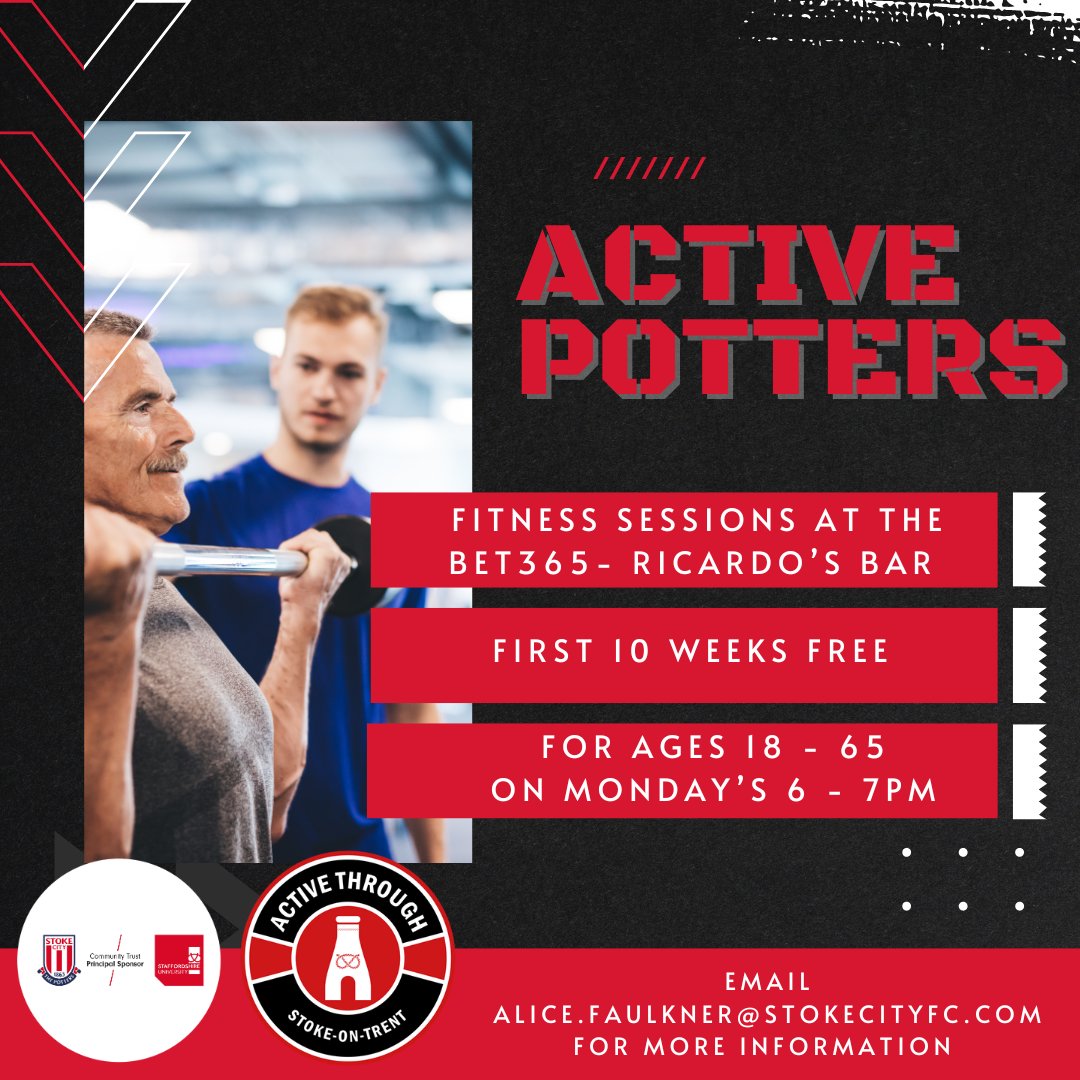 Active Potters💪 Don't forget our Active Potters fitness class is back. A chance to exercise & socialise with like-minded individuals. ⏰ 6-7pm 📍Ricardo's bar 💰First 10 weeks FREE of charge 👥18-65 Please contact alice.faulkner@stokecityfc.com for more information.