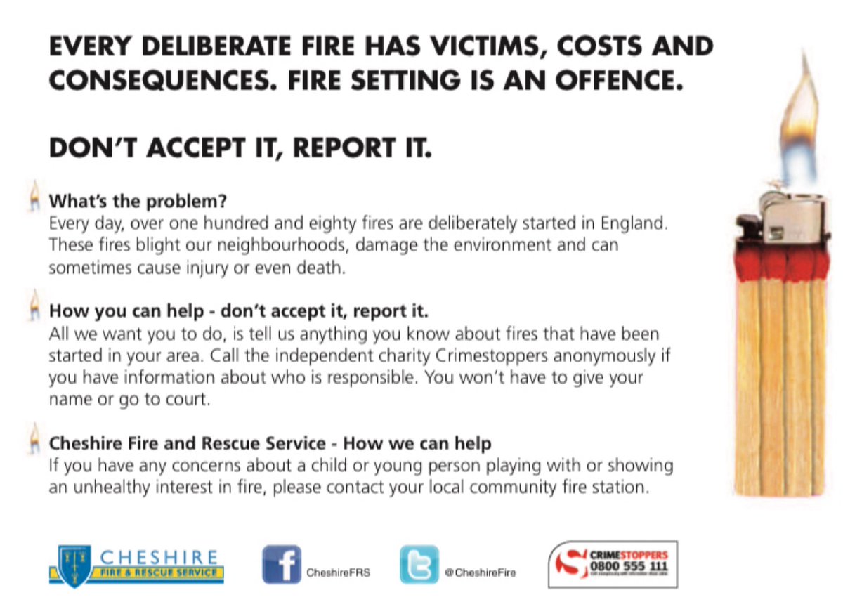 CongletonFS's tweet image. Setting fires deliberately is an offence. You can contact the Police online or call 101 or Crimestoppers, anonymously, on 0800 555 111.
If you see any suspicious activity contact Cheshire Police on their non emergency number 101 - dial 999 in an emergency.
orlo.uk/XoRqa