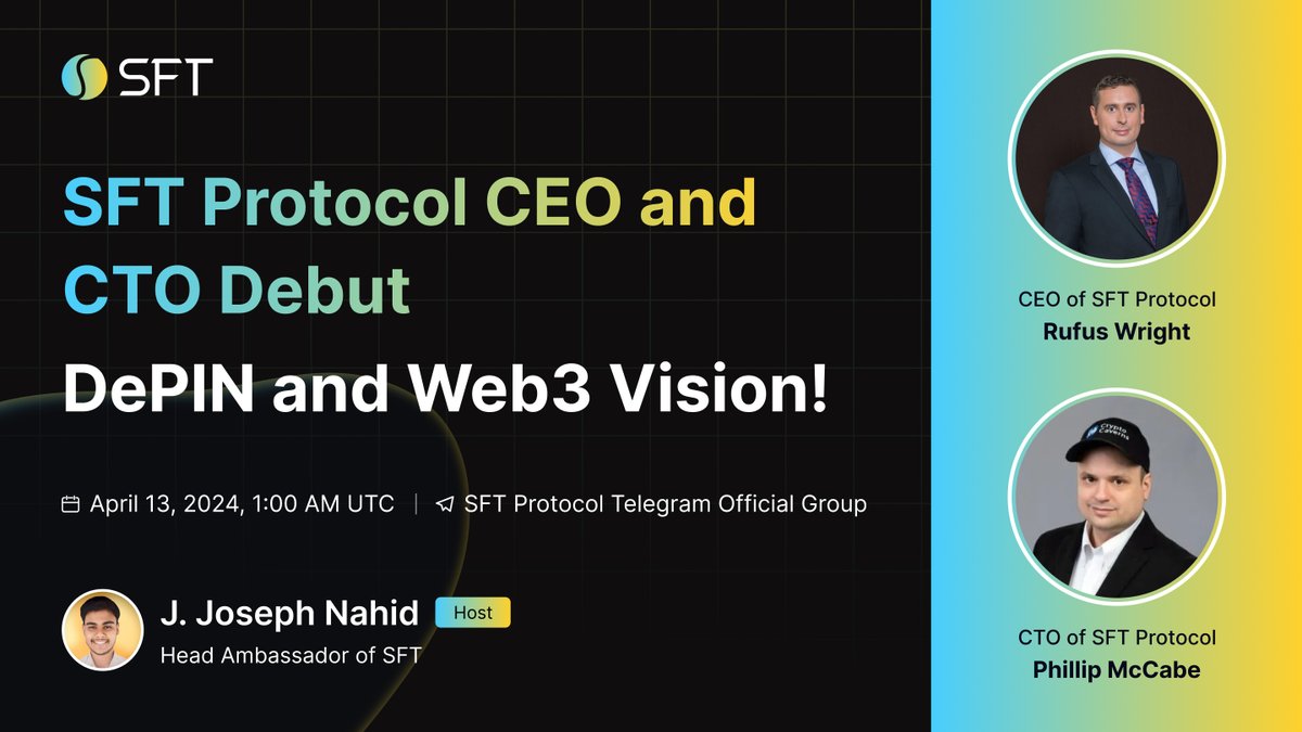 Join our AMA with SFT Protocol's CEO and CTO on Telegram! Dive into our #DePIN and #Web3 vision. 🌐🚀 📅 Date & Time: April 13, 2024, 1:00 AM UTC 📍 Location: t.me/SFTProtocol 🎁 Win: Ask questions for a chance to win a share of 100 rSPD! Catch this chance to engage…