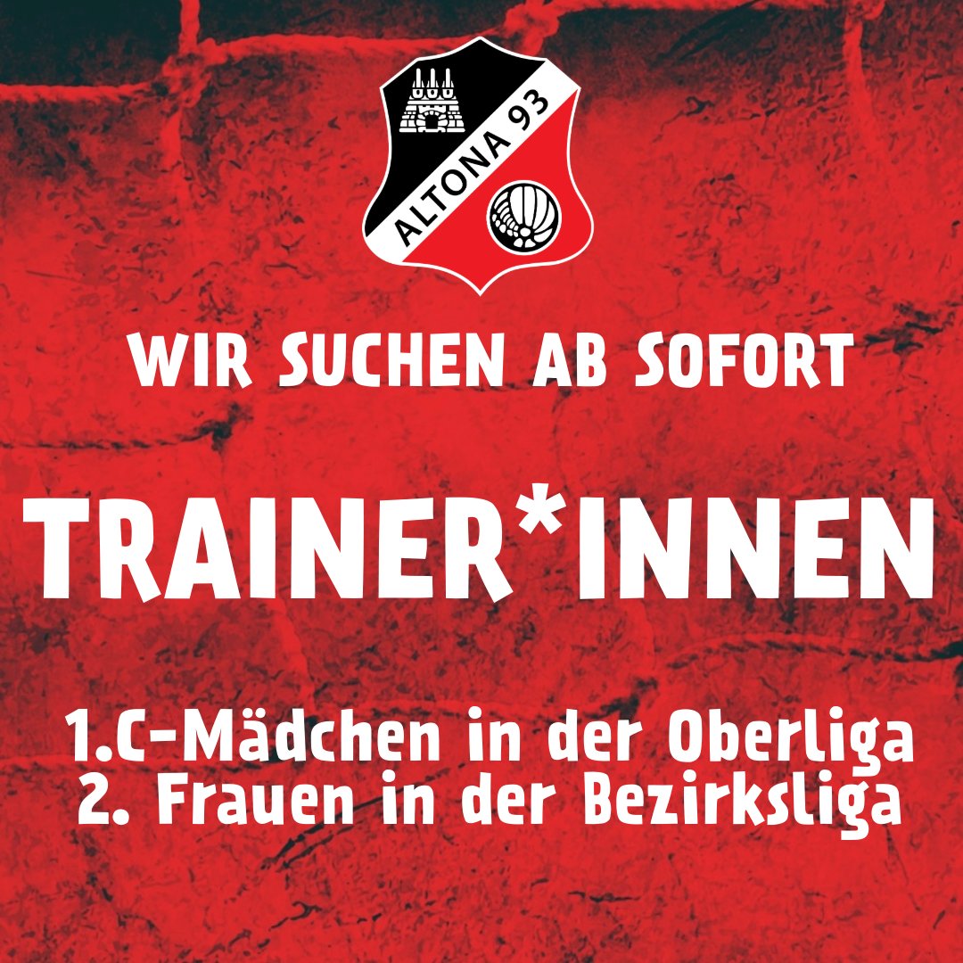 Unsere AFM sucht Trainer*innen für die 👉 1.C-Mädchen in der Oberliga 👉 2. Frauen in der Bezirksliga Bei uns findest Du eine moderne Trainingsanlage und ein wertschätzendes Miteinander. Du hast Interesse? Dann sende eine Mail an karin@afcdeerns.de #altona93 #fussball #trainer