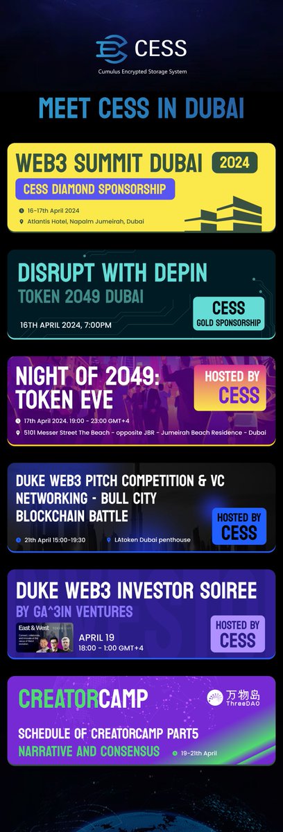 CESS_Storage's tweet image. 🚀 #CESS is all set to make waves in #Dubai! 🌟 We&apos;re not just participating - we&apos;re leading the charge with sponsorships and hosting key events. Here&apos;s where you can find us:

🔗 Stay tuned &amp;amp; connect with us at these groundbreaking events! Let&apos;s explore #CESS advanced…