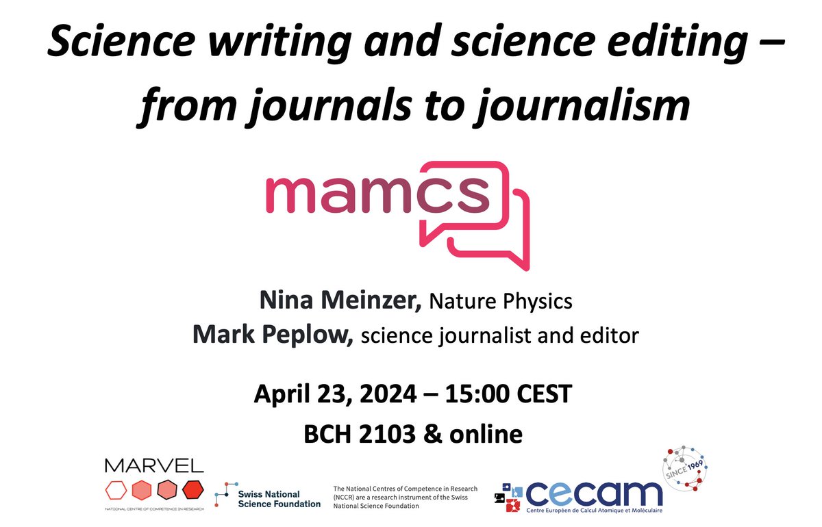 Join us on 23 April for a @cecamEvents-MARVEL 'Mary Ann Mansigh Conversation' on how scientific editing and scientific journalism work, how they are being transformed, how young scientists can better interact with editors and writers. Read more 👉nccr-marvel.ch/events/Science…