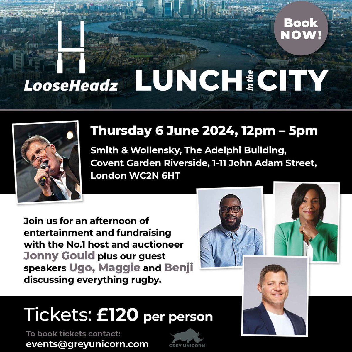 𝗟𝘂𝗻𝗰𝗵 𝗶𝗻 𝘁𝗵𝗲 𝗖𝗶𝘁𝘆 🏙️ Join us for an afternoon of entertainment and fundraising with Jonny Gould, Ugo Monye, Maggie Alphonsi, and Benji Kayser 🖤🤍 Grab your tickets now 🎟️ #TackleTheStigma 🗣️