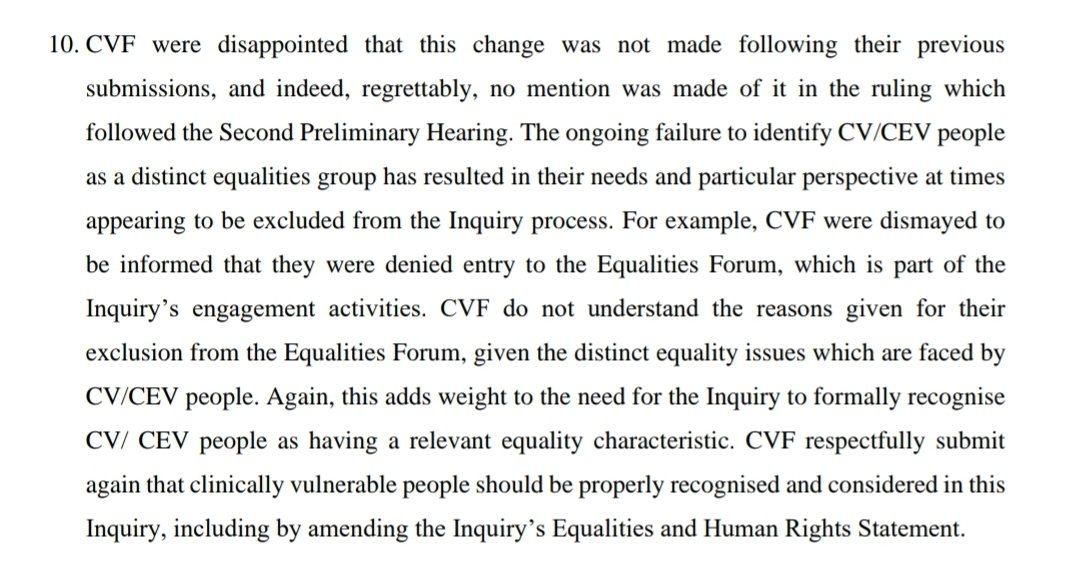 🚨 Clinically Vulnerable people have been *denied access* to the Inquiry Equalities Forum, despite facing unique equality issues. We have voiced our concerns in our written submissions below. The lack of formal recognition within the Inquiry process needs urgent redress.