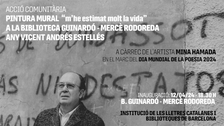 BibliotequesBCN's tweet photo. #Avui: 'M’he estimat molt la vida'.Inauguració del nou mural a la @bibmrodoreda, inspirat en el poeta Vicent Andrés Estellés 🎨A càrrec de l'artista internacional Mina Hamada
⌚18:30 h
🔗https://t.co/eIYeTm3Uwn
🤝@bcn_hg @lletres @BibliotequesBCN
@AnyEstelles @b_murals #DMP24 https://t.co/BZqkJYm7sI